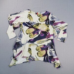 IC Connie K Shirt Womens Medium Cream Green Floral Tunic Layered Cape Lagenlook